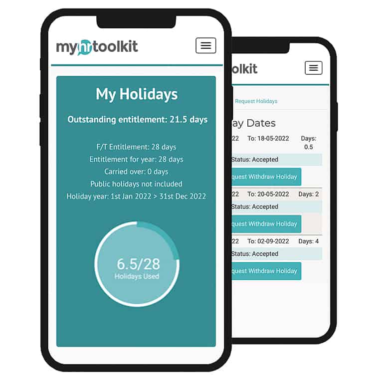 myhrtoolkit hr software, holiday planner on mobile phone